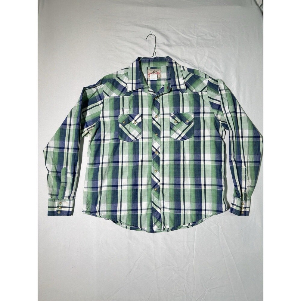VINTAGE Wrangler Men Button Up Shirt X-Large Green Plaid American Cowboy Western